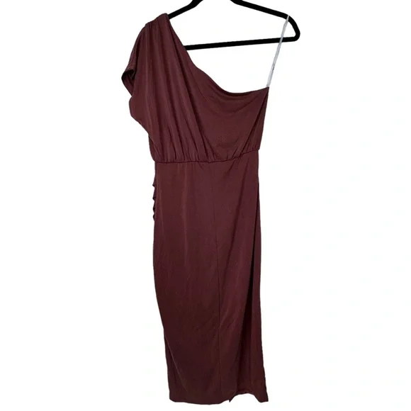 Lulu's Raise a Glass One Shoulder Midi Dress Size S Wedding Cocktail Rusty Rose - Picture 10 of 13